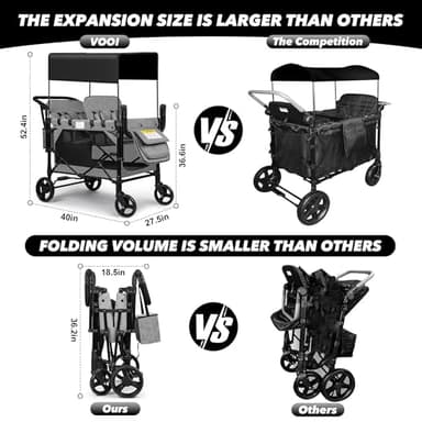 VOOI Stroller Wagon 4 Seater, Wagon for Kids, Collapsible W4 Stroller with Seats with 5-Point Harnesses, Easy Access Zipper Door, and Removable Sun Canopy (Grey, W4-Large) - Image 2