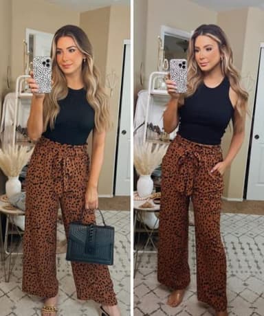 SySea Womens High Waist Leopard Pants Wide Leg Long Belted Palazzo Trousers with Pockets - Image 3