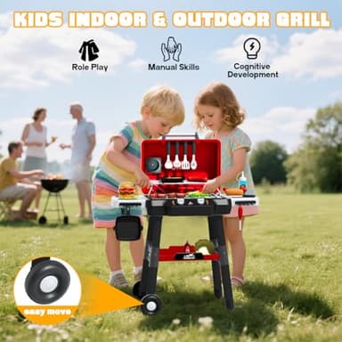 Kids BBQ Grill Playset, Kitchen Playset with Smoke Sound Light and Wheel, Movable Pretend Play Toy Grills for Kids Ages 4-8, 2-Layer Outdoor Cooking Toys for Toddlers 3-5 Birthday Gifts - Image 6