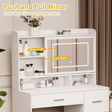 Viaozutis Vanity Desk with a Mirror and Lights，with Chair and Four Drawers, Three Adjustable Lighting Modes，with Power Outlet and Sliding LED Mirror,Bedroom Vanity Desk (White) - Image 4