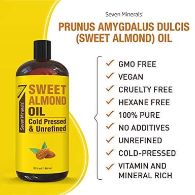 Seven Minerals, Pure Cold Pressed Sweet Almond Oil - Big 32 fl oz Bottle - Unrefined &100% Natural - For Skin & Hair, with No Added Ingredients - Perfect Carrier Oil for Essential Oils - Image 3