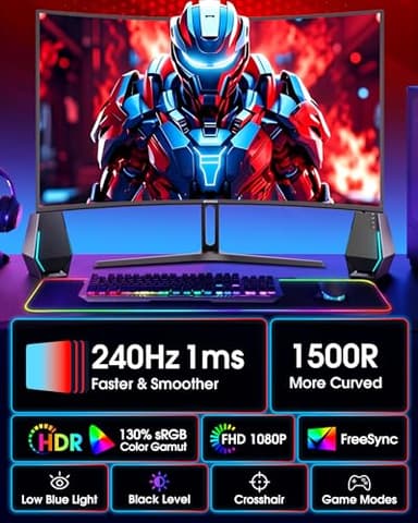 SANSUI 27 Inch Curved 240Hz Gaming Monitor FHD 1080P, 1500R Curve Computer Monitor, 130% sRGB, 4000:1 Contrast, HDR, FreeSync, MPRT 1Ms, Low Blue Light, HDMI DP Ports, Metal Stand, DP Cable Incl. - Image 2