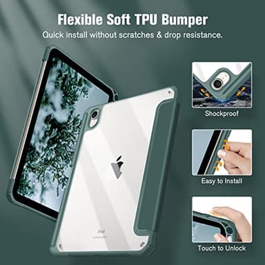 Fintie Hybrid Slim Case for iPad Mini 7 (A17 Pro, 7th Generation) 2024 / iPad Mini 6 (6th Gen) 8.3 Inch, [Built-in Pencil Holder] Shockproof Cover Clear Transparent Back Shell, Midnight Green - Image 4
