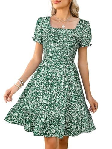 Lyrur Floral Mini Dresses with Pockets Short Sleeve Summer Dress Square Neck Flowy A-Line Boho Smocked Sundresses (S,7036 Green Floral) - Image 1