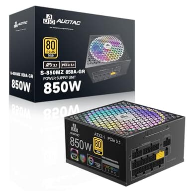 Auotac 850W Fully Modular Power Supply 80+ Gold Certified with 12V-2x6 Cable – ATX 3.1 & PCIe 5.1 Compliant, 140mm RGB Low-Noise Smart Fan, 105℃-Rated Capacitors, Black - Image 1