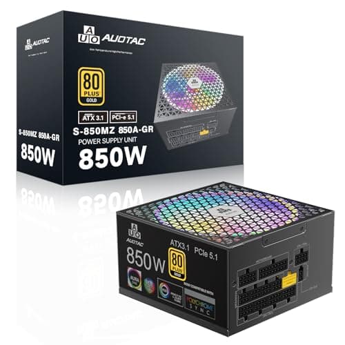 Auotac 850W Fully Modular Power Supply 80+ Gold Certified with 12V-2x6 Cable – ATX 3.1 & PCIe 5.1 Compliant, 140mm RGB Low-Noise Smart Fan, 105℃-Rated Capacitors, Black