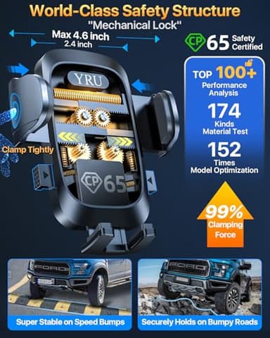 YRU [True Upgrade for Safety] Car Phone Holder Mount [Patent & Military-Grade] Dashboard Cell Phone Holder for Car Vent Windshield Phone Stand for iPhone 17 16 15 14 13 Pro Max Truck Samsung, Black - Image 2