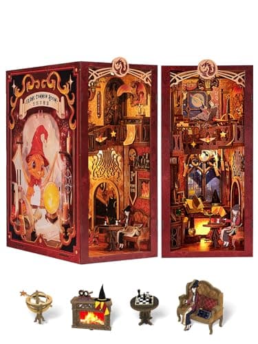 Fsolis Book Nook Kit, DIY Miniature Room House Kit 3D Wooden Puzzle Craft Kit for Adults Decorative Bookend Bookshelf Bookcase Nook Decor Gifts for Women Teens and Book Lovers (Flam Common Room) - Image 1