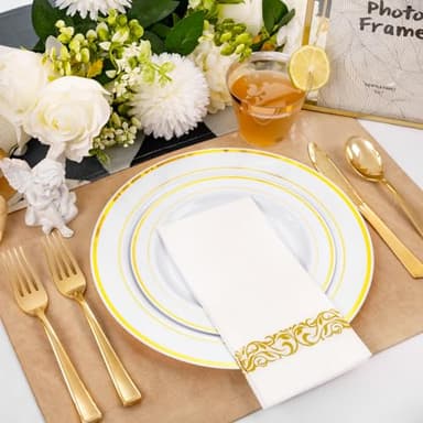 bUCLA 350PCS Gold Plastic Dinnerware Set - Gold Disposable Dinnerware for 50 Guests, Includes 50 Dinner Plates, 50 Dessert Plates, 50 Forks, 50 Knives, 50 Spoons, 50 Cups & 50 Napkins for Party - Image 5