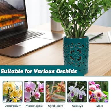 Exzzauk 4 Inch Orchid Pots with Holes, Garden Ceramic Orchid Pots with Separate Saucer for Indoor Outdoor Repotting (Green) - Image 5
