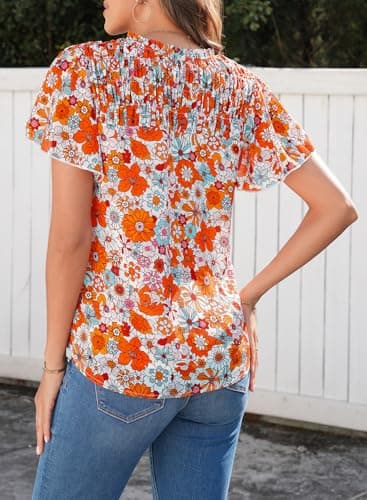 SHEWIN Summer Tops for Women Trendy Fashion Floral Petal Sleeve Loose Fit Blouses for Women Dressy Casual Orange X-Large - Image 3