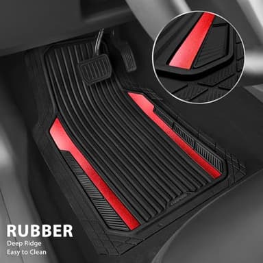CAR PASS Heavy Duty Rubber Car Mats Metallic, Aluminum Film All Weather Floor Mats Waterproof Universal Trim to Fit Automotive SUV Sedan Van 4 Piece Anodized Deep Dish Two-Tone Sporty Black Red Chrome - Image 2