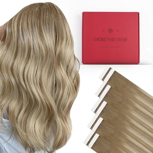 Moresoo Tape in Hair Extensions Human Hair,22 Inch 10 Pcs 25 Gram,#8/22/8 Balayage Light Brown and Platinum Blonde, Seamless Hair Extensions Fashion - Image 1