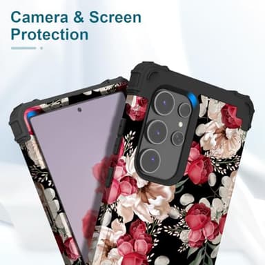 PIXIU Unique Flower Pattern Compatible with Samsung Galaxy S24 Ultra case, Heavy Duty Dual Layer Shockproof Full-Body Protective Sturdy Hybrid Cute Rugged Case for Women,Girls,Kids-Rose Floral - Image 6