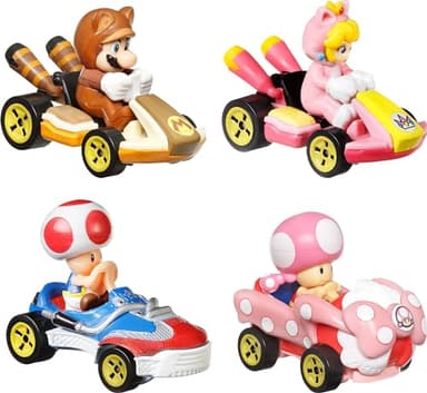 Hot Wheels Mario Kart 4-Pack, Collectible Set of 4 Toy Vehicles with Tanooki Mario, Cat Peach, Toad Sneeker & Toadette Birthday Girl - Image 3