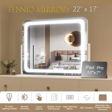 FENNIO Vanity Mirror with Lights 22''x17'' Makeup Mirror with Lights,Vanity Mirror Touch Screen with 3-Color Lighting,Dimmable,for Vanity Desk Tabletop - Image 7