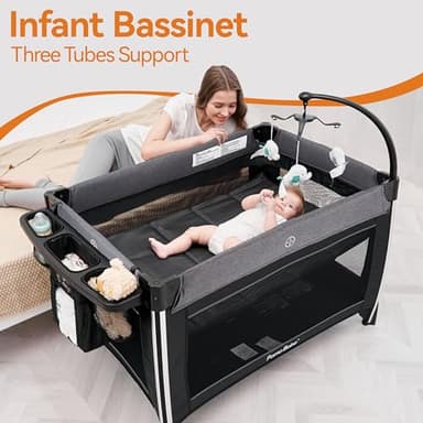 Pamo Babe 4 in 1 Portable Baby Crib Deluxe Nursery Center, Foldable Travel Playard with Bassinet, Mattress, Changing Table for Newborn, Infant, Toddler(Grey) - Image 2