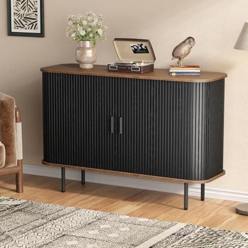 47''W x 32''H Storage Cabinet, Fluted Sideboard Buffet Cabinet with Storage, Console Table Credenza with Tambour Slatted Sliding Doors and Shelves for Living Room, Kitchen, Black - Image 1