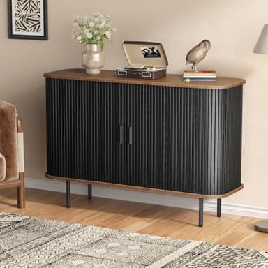 47''W x 32''H Storage Cabinet, Fluted Sideboard Buffet Cabinet with Storage, Console Table Credenza with Tambour Slatted Sliding Doors and Shelves for Living Room, Kitchen, Black - Image 1