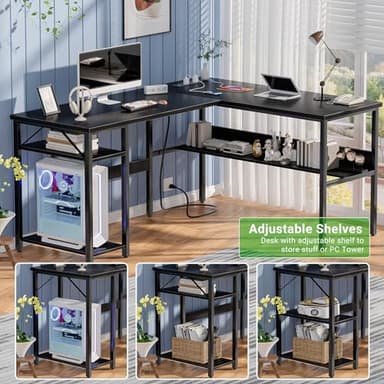 Unikito Reversible L Shaped Desk with Magic Power Outlets and USB Charging Ports, Sturdy Corner Computer Desk with Storage Shelves, Gaming Table Home Office Desk, Easy to Assemble, Black - Image 6