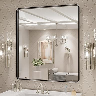 LOAAO 32x36 Inch Black Metal Framed Bathroom Mirror for Wall, Matte Black Bathroom Vanity Mirror Farmhouse, Large Rounded Rectangle Mirror, Anti-Rust, Tempered Glass, Hangs Horizontally or Vertically - Image 3