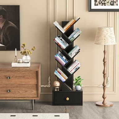 SHEEPAM 8 Tier Tree Bookshelf with Drawer, Free Standing Wood Bookcase for Living Room, Bedroom, Home Office, Space Saving Storage Organizer Bookshelves for Books, CDs, Vinyl Records- Black - Image 6