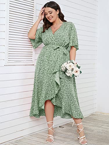 SCOMCHIC Women's Plus Size Long Dresses Short Sleeve High Low Split Flowy Beach Maxi Dress Green 3XL - Image 4