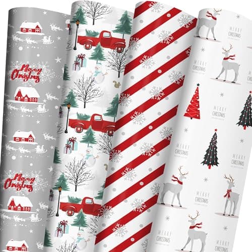 Cuitpan White Christmas Wrapping Paper Bundle for Kids Adults - Reindeer, Stripes, Woodlands, Snowflake, Red Truck Winter Scene Designs - 28 x 40 Inches, 6 Jumbo Sheets, Recycled - Image 1