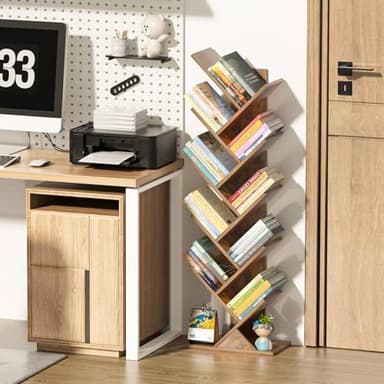 SHEEPAM 10 Tier Tree Book Shelf, Floor Standing Wood Bookshelf for Narrow Space, Storage Organizer Bookshelves for Books/CDs/Magazine, Bookcase with Shelves for Home Office, Living Room - Brown - Image 5