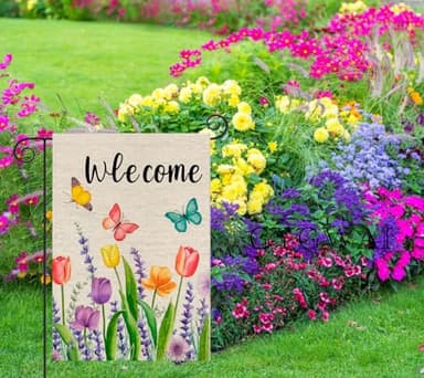Spring Summer Tulip Lavender Welcome Easter Garden Flag 12 x 18 Inch Double Sided, Butterfly Floral Small Burlap Yard Outdoor Flag Seasonal Outside Decoration - Image 2