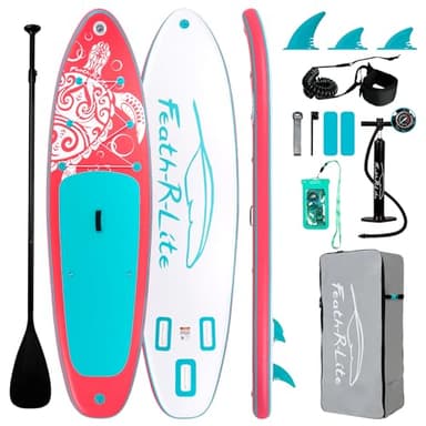FEATH-R-LITE Inflatable Paddle Board Stand Up Paddleboards for Adults SUP with Complete Premium Accessories Pump, Adjustable Paddle, Leash, Three Fins, Waterproof Phone Bag, Repair Kit, Backpack - Image 1