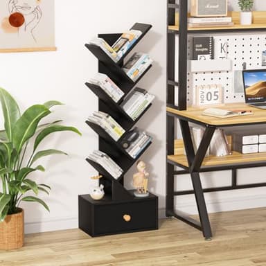 SHEEPAM 8 Tier Tree Bookshelf with Drawer, Free Standing Wood Bookcase for Living Room, Bedroom, Home Office, Space Saving Storage Organizer Bookshelves for Books, CDs, Vinyl Records- Black - Image 4