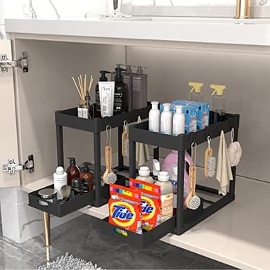 POUGNY 2PC Under Sink Organizer Rack 2 Tier Under Sliding Cabinet Basket Organizer Drawer with 4 Hooks, Multi-purpose Under Sink Storage for Bathroom Kitchen Desktop（Black） - Image 5