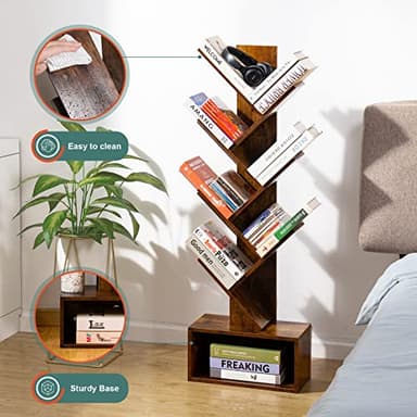 Yoobure Tree Bookshelf - 6 Shelf Retro Floor Standing Bookcase, Tall Wood Book Storage Rack for CDs/Movies/Books, Utility Book Organizer Shelves for Bedroom, Living Room, Home Office, Rustic Brown - Image 7
