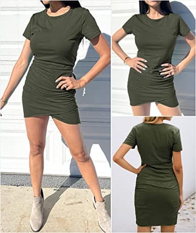 BTFBM Women's 2025 Summer Casual Beach Dresses Crew Neck Short Sleeve Wrap Party Club Mini Ruched Bodycon T Shirt Dress(Solid Army Green, Medium) - Image 4