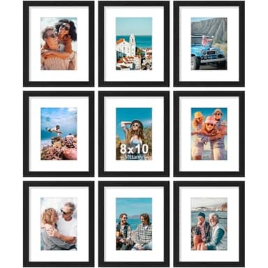 Vittanly 8x10 Picture Frames Set of 9, Shatter Resistant Plexiglass, Display 5x7 Pictures with Mat or 8x10 without Mat, Photo Frames for Wall or Tabletop, Engineered Wood, Black - Image 1