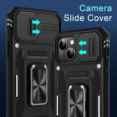 DEERLAMN Case for iPhone 15 with Slide Camera Cover + Screen Protector (2 Packs), Rotated Ring Kickstand Military Grade Shockproof Protective Cover-Black - Image 2