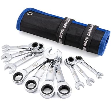 Prostormer Stubby Ratcheting Combination Wrench Set, 10-Piece 5/16" to 3/4" SAE Chrome Vanadium Steel Ratchet Wrenches with Rolling Pouch, 72-Teeth, 12-Point Box End - Image 1