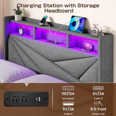 Driftalia King Size Bed Frame with 4 Storage Drawers, Upholstered King Bed Frame with Charging Station and LED Lights Headboard, No Box Spring Needed, Easy Assembly - Light Grey - Image 4
