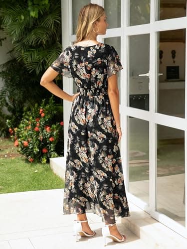 Simplee Womens Floral Maxi Dress - Short Sleeve Summer Boho Wedding Guest Dress Empire Waist Chiffon Modest Midi Dresses Black,XL - Image 6