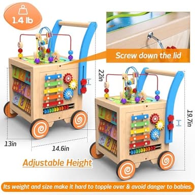 WOODMAM 9-in-1 Wooden Activity Cube | Wooden Baby Walker, Sit-to-Stand Learning Walker Activity Center, Early Educational Push & Pull Toys for Baby Toddler Boys Girls, Height & Brake Adjustable - Image 2