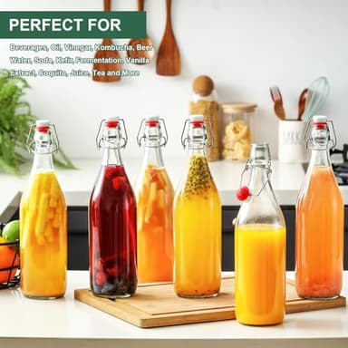 8 Pack [1 L / 33 fl. oz.] Swing Top Glass Bottles w/Airtight Stopper Lids – Flip Top Brewing Bottle for Fermentation, Kombucha, Mead, Vinegar, Beer, Kefir, Wine, Soda – With 8 Extra Seals & 2 Pourers - Image 7