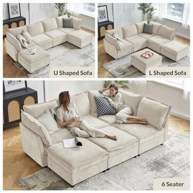 HULALA HOME 127'' Modular Sectional Sofa, Oversized U Shaped Couch with Storage Ottoman, Comfy Chenille Sofa with Deep Seat, 6 Seat Convertible Couches for Living Room, Beige - Image 3