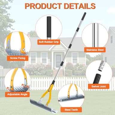 TOOVEM Thatch Rake, 15-inch Lawn Thatching Rake with Heavy Duty Steel Tines & Ergonomic Handle, 70-Inch Professional Dethatching Rakes for Effective Lawn Care, Garden & Yard Tool - Image 3