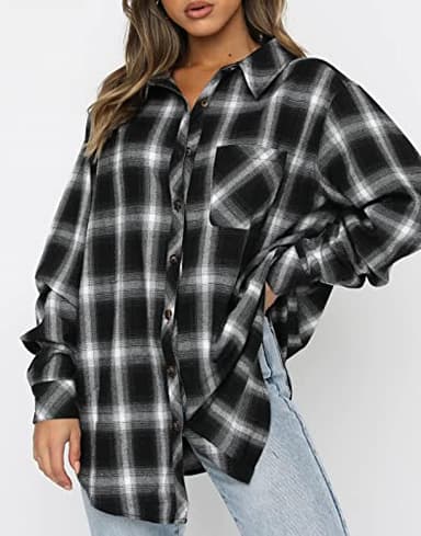 CHYRII Womens Button Down Flannel Shirts Long Sleeve Plaid Shacket Business Casual Tops Black L - Image 4