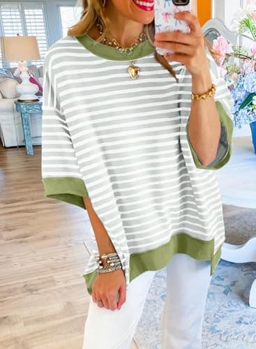 SHEWIN Shirts for Women 2025 Loose Short Sleeve Sweatshirt Cute Womens Summer Tops Dressy Casual Crewneck Color Block Tee Shirt Trendy Spring Outfits Mist Green Stripe XL - Image 2