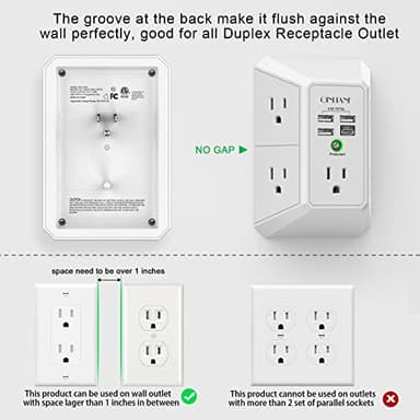 Wall Charger, Surge Protector, QINLIANF 5 Outlet Extender with 4 USB Charging Ports (4.8A Total) 3-Sided 1680J Power Strip Multi Plug Adapter Spaced for Home Travel Office (3U1C) - Image 3