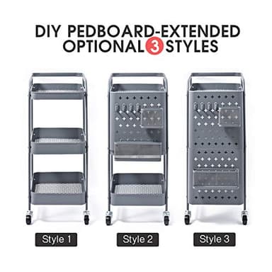 KINGRACK 3-Tier Rolling Cart, Metal Utility Cart with Pegboard, Storage Trolley Organizer Serving Cart with Handle and Extra Baskets Hooks for Kitchen Office Teacher Classroom, Grey - Image 2