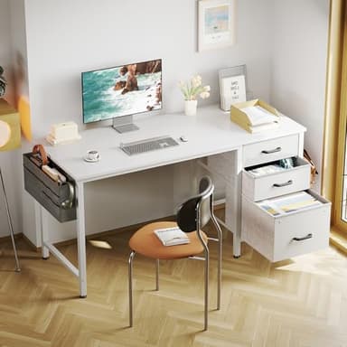 Casaottima 40" Small Computer Home Office Desk for Bedroom with Fabric Drawers & File Cabinet, Cloth Storage Bag and Hook, Writing Study Work Table for Small Space, White - Image 7