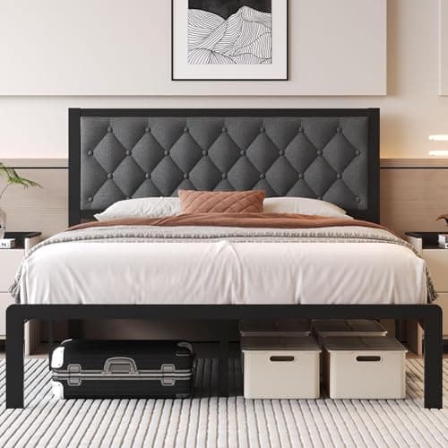 Fluest Queen Bed Frame with Headboard Linien Upholstered Bed Frame Platform,All Metal Slats Support Platform Bed Frame with Storage Space,Easy Assembly,Noise Free,No Box Spring Needed,Grey - Image 1
